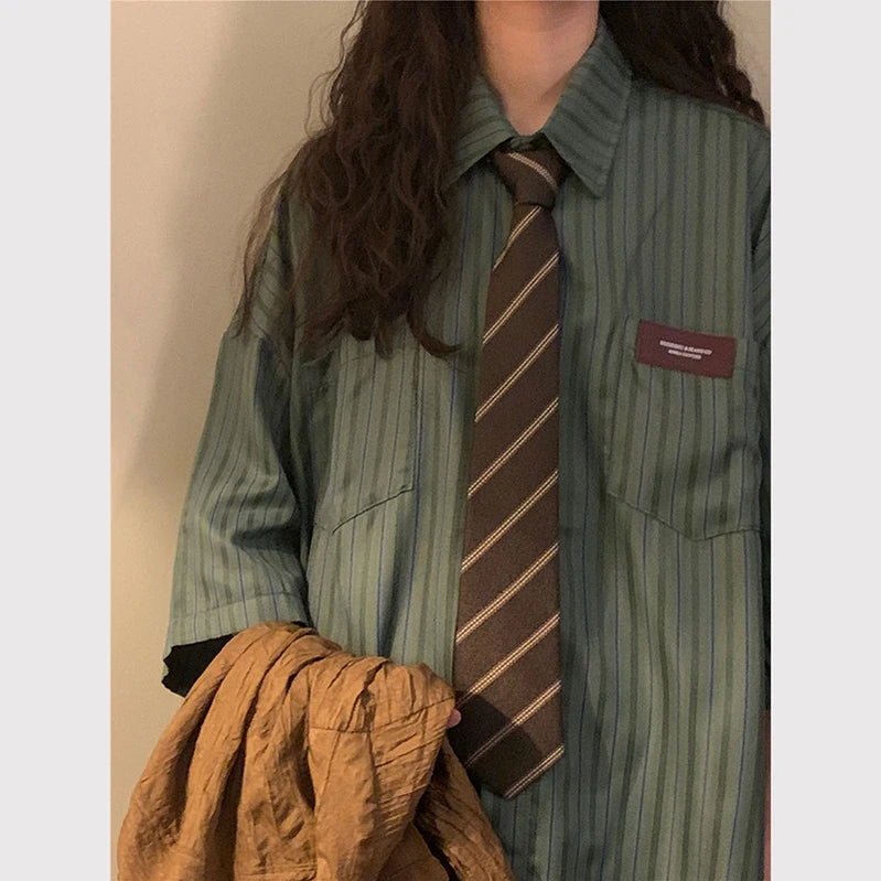 Vintage Striped Women with Tie Blouses Harajuku Oversized Loose Preppy Tops Japanese Summer Fashion Long Sleeve Shirts