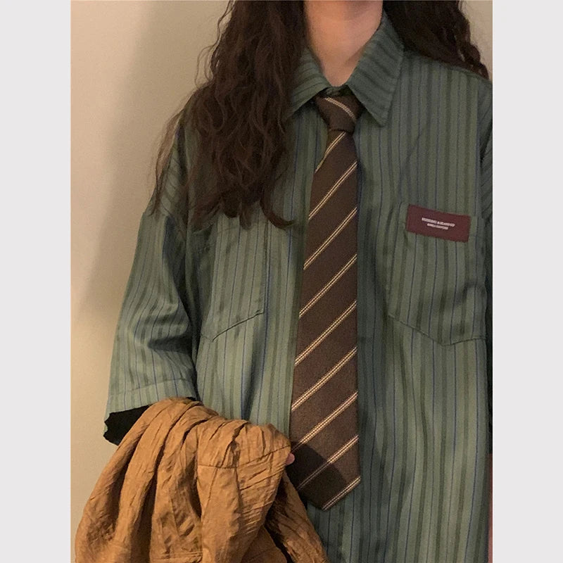 Vintage Striped Women with Tie Blouses Harajuku Oversized Loose Preppy Tops Japanese Summer Fashion Long Sleeve Shirts