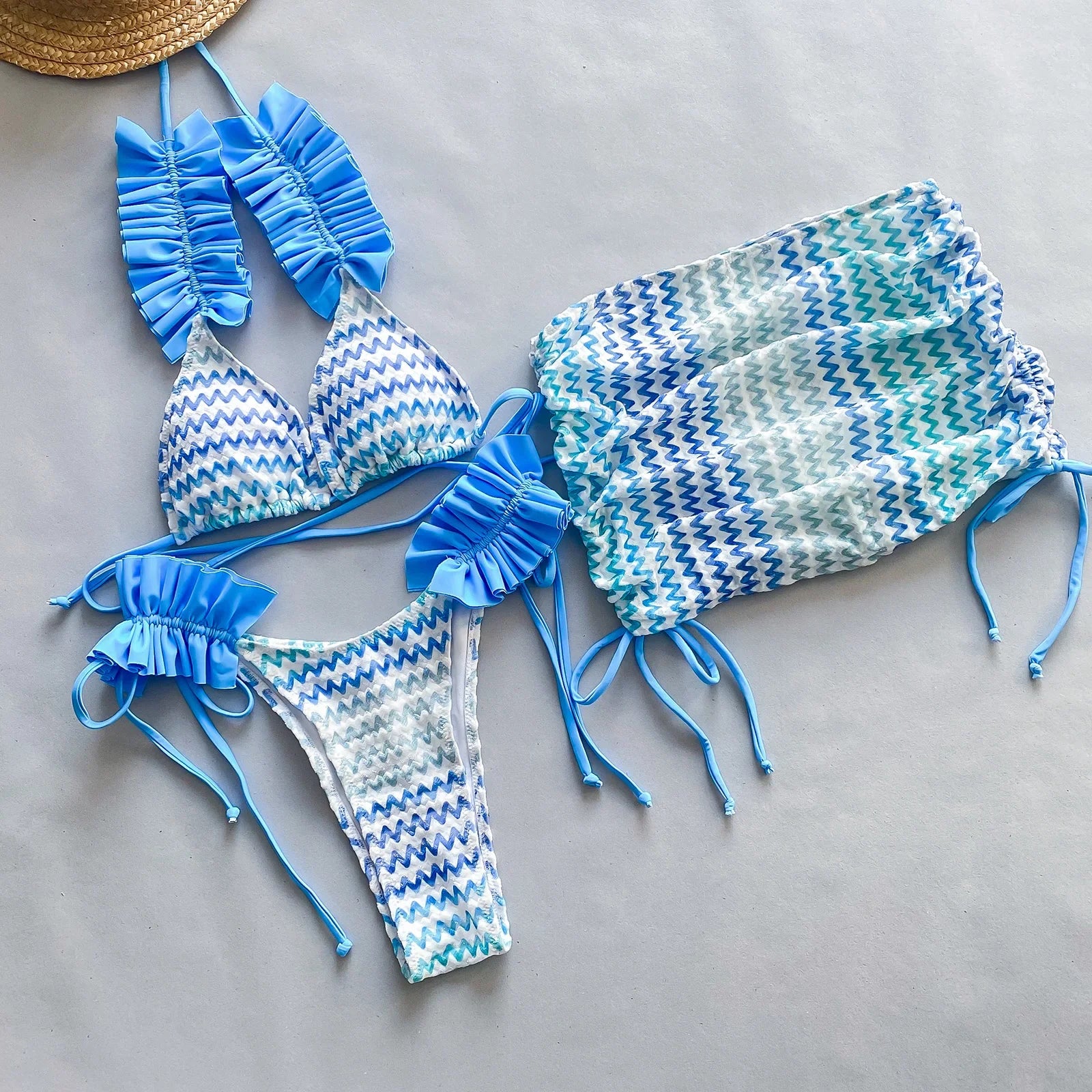 3 Pieces Bikini Women Swimsuit Female Swimwear Sexy Beachwear Swimming Suit Bathing Suit Bikini Set Skirt Zigzag Biquini DC347801