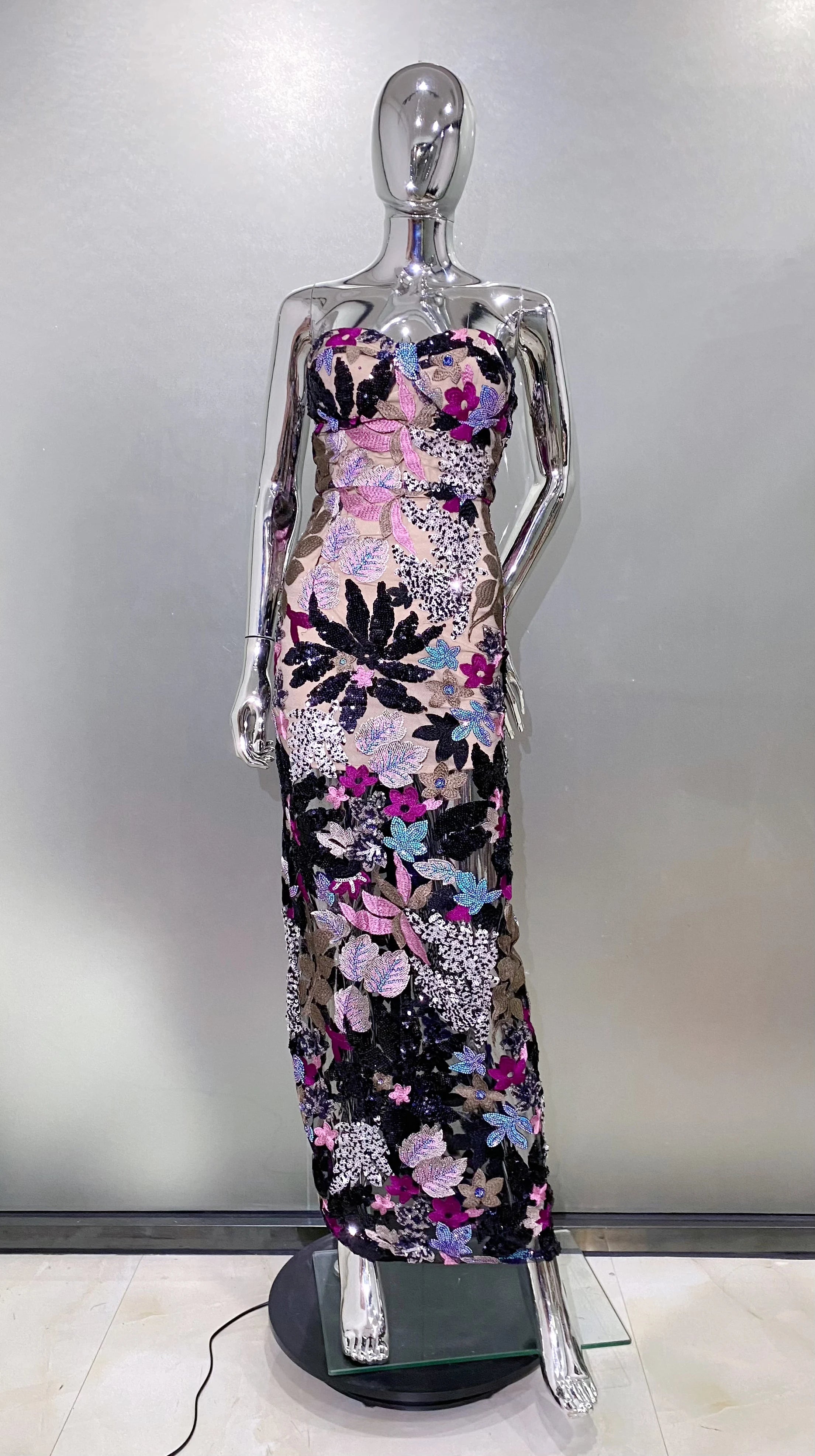 Sequin Flowers Embroidery Sexy Mesh See Through Strapless Ankle Length Dress Elegant Woman Evening Dress Celebrity Party Outfit