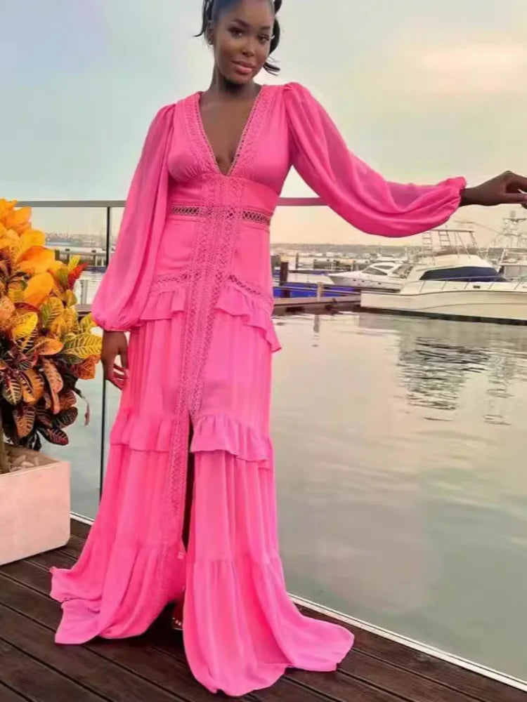 Women Elegant Layered Ruffles Patchwork Long Dress Chic V Neck Puff Full Sleeves Split Maxi Dresses Fashion Lady Party Robes