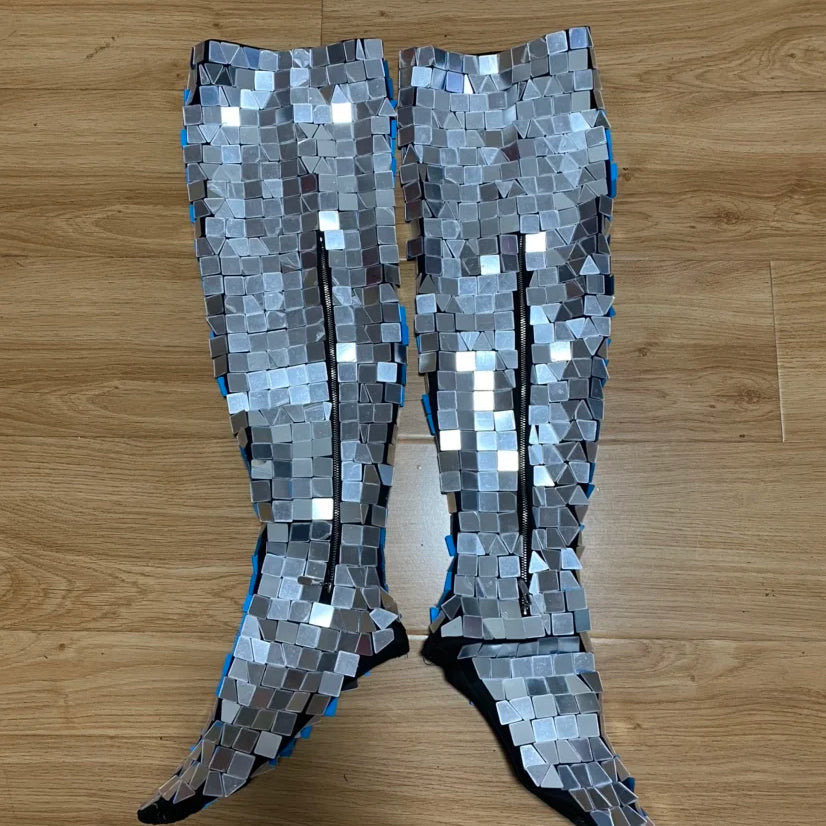 New Women Stage Show Costume Over Knee Boots Folk Dance Singer Party Show Mirror Shoes Nightclub Gogo Mirror boot cocovers