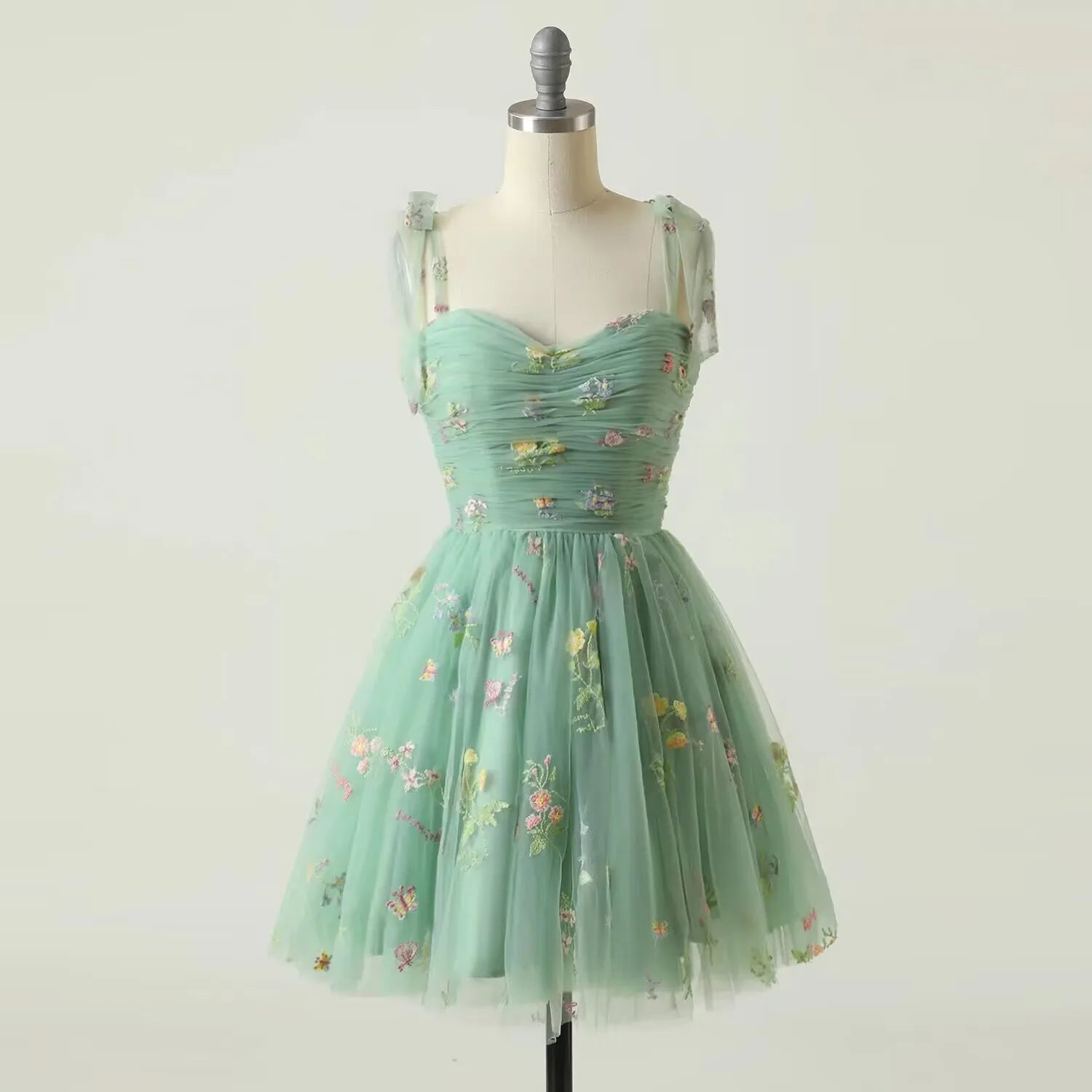 Fairy Forest Green Short Prom Dresses Spaghetti Straps Colorful Flowers Lace Evening Party black