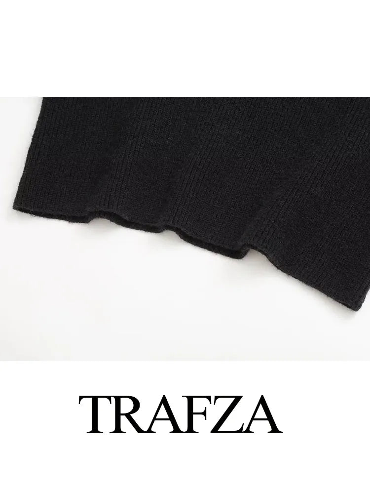 TRAFZA Women Fashion Black Spliced Cable Stitch Turtleneck Oversize Pullover Female Casual Long Sleeve Loose Sweater Vintage Top