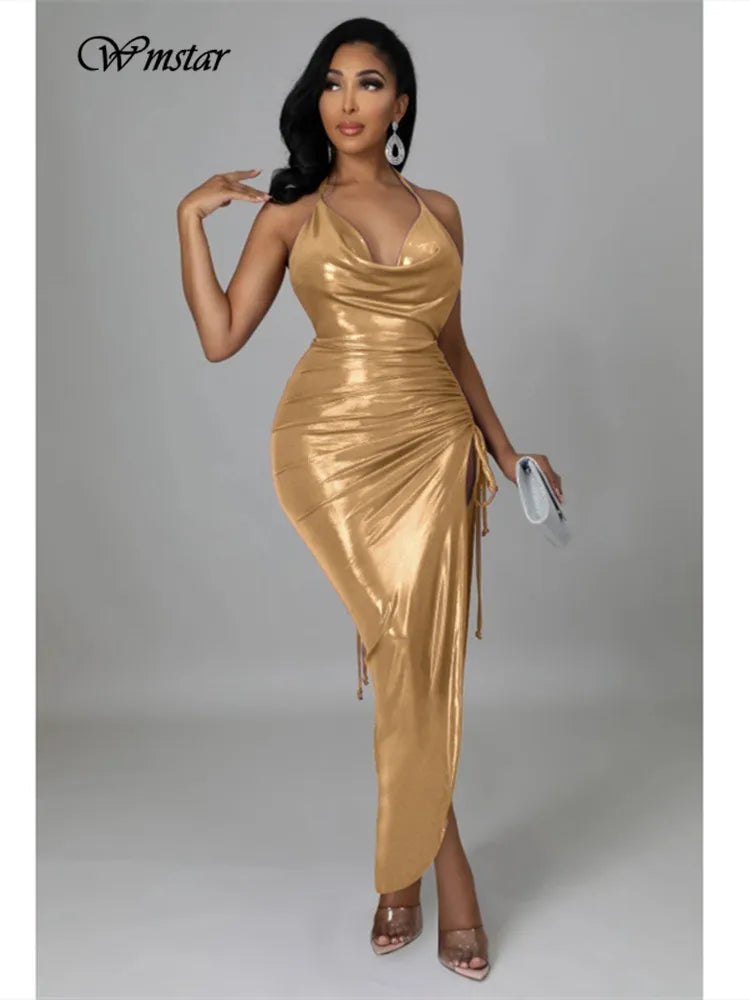 Wmstar Party Dresses Women Christmas Slip Draped V Neck Sexy Luxury Elegant Maxi Dress Birthday Outfits Wholesale Dropshipping