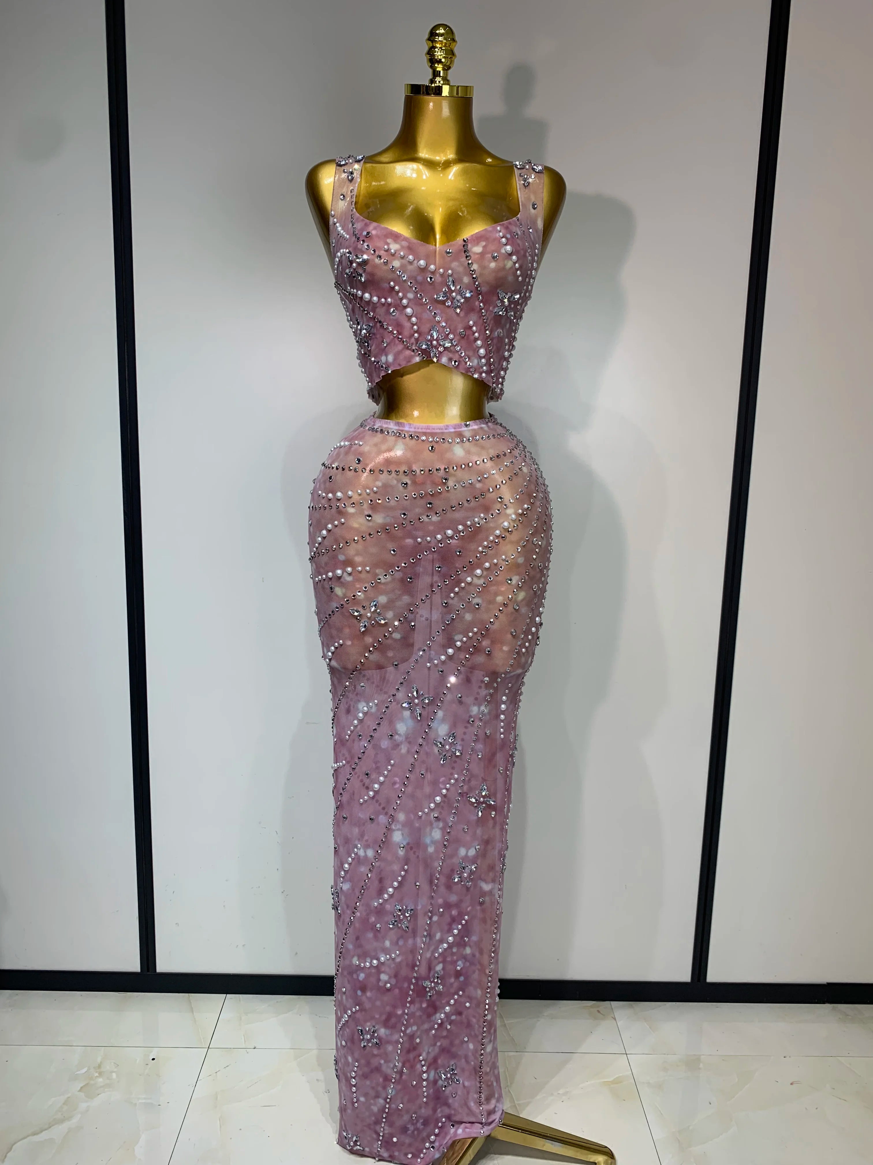 Sparkly Rhinestones Top Long Skirt Two Pieces Set Women Celebirty Luxury Birthday Dress Nightclub Stage Performance Costume