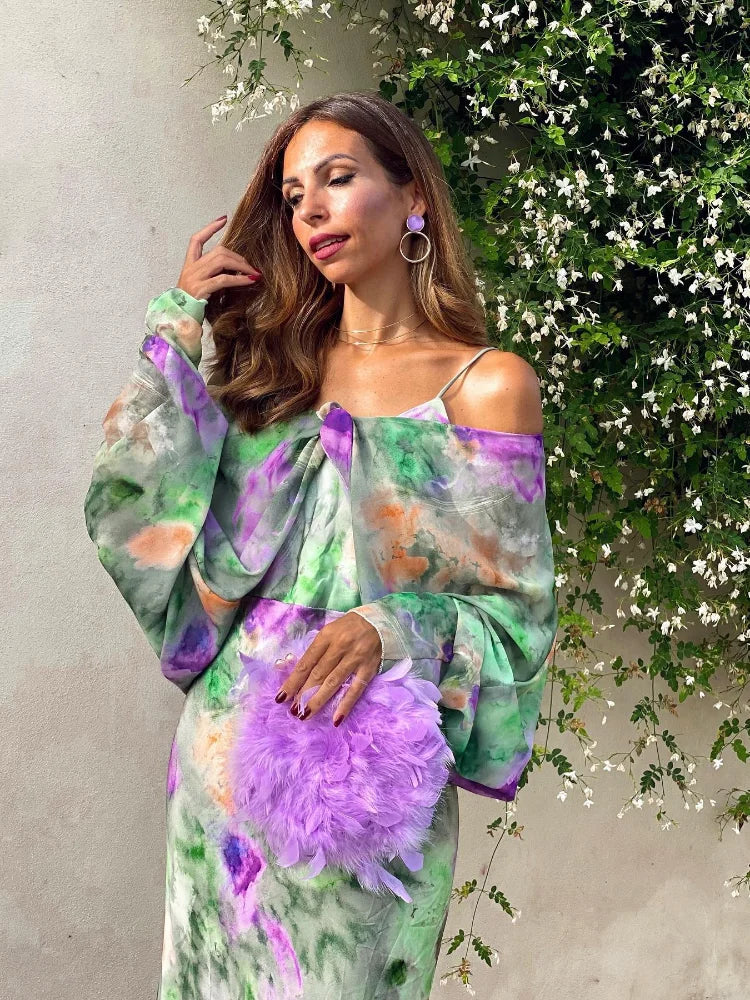Women's Detachable Sleeves Beach Maxi Dress Sexy Backless Tie Dye Sling Dress Summer Ladies High Waist Long Robes