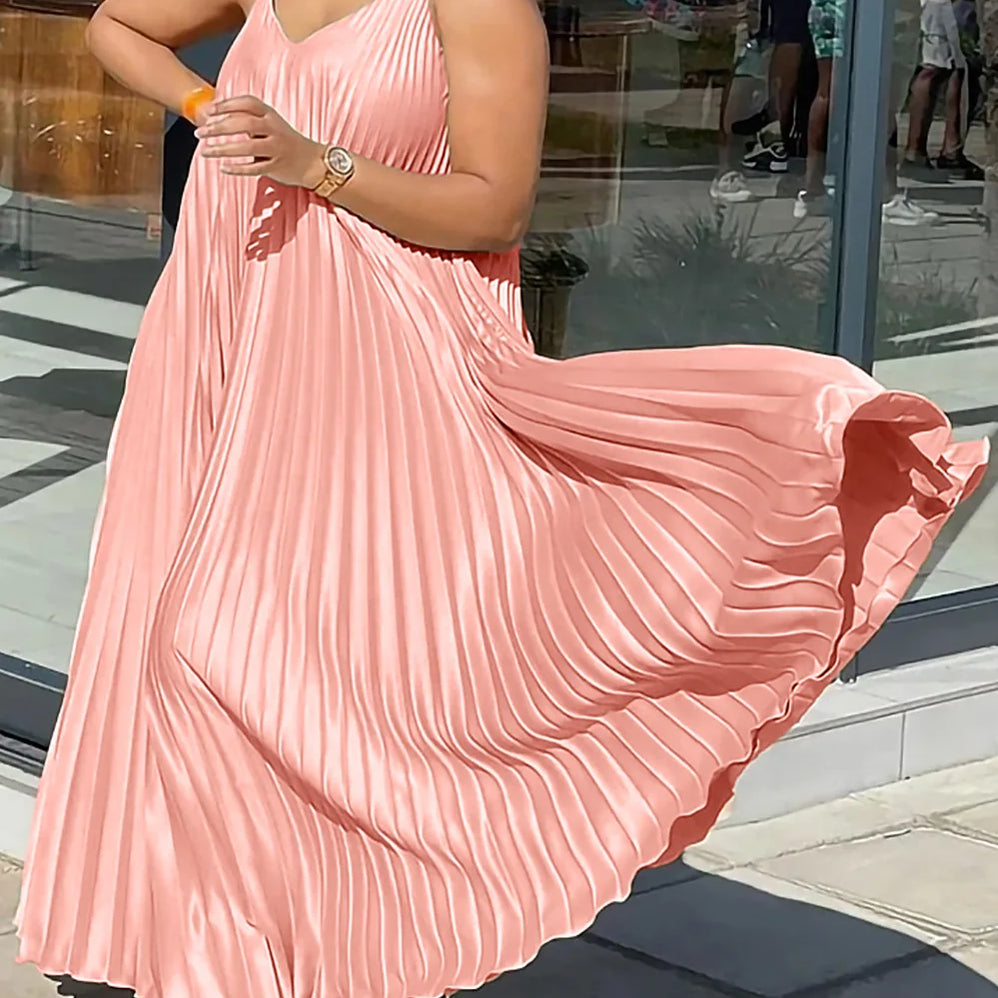 Plus Size Summer New Solid Color Loose V-Neck Suspender Pleated Large Skirt Hem Fashionable And Elegant Vacation Long Dress