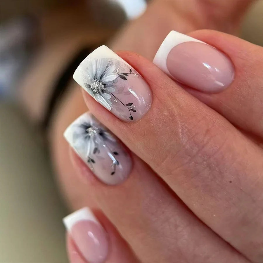 24Pcs Fake Nails with Romantic Blue Flowers Design Short Square False Nails Glitter Full Cover Nail Tips Wearable Press on Nails