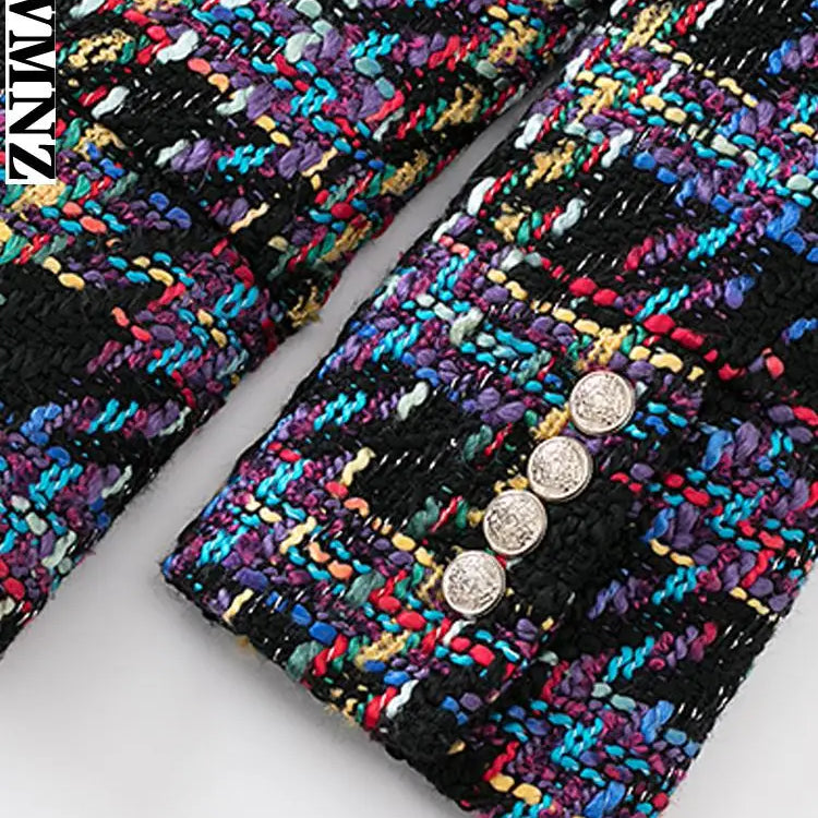 Women's jacket fashion double-breasted tweed cropped blazer vintage long sleeve female outerwear chic veste femme