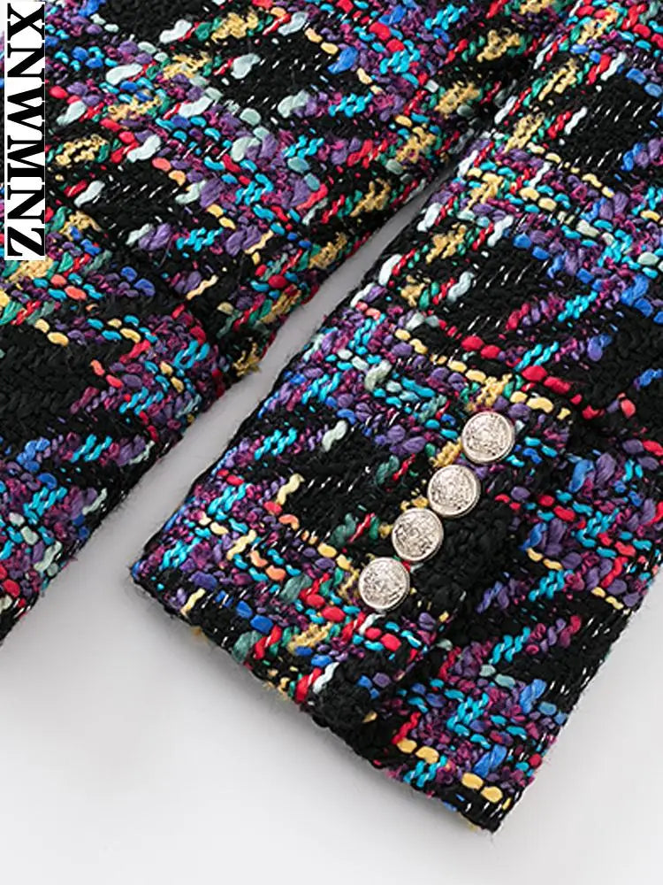 Women's jacket fashion double-breasted tweed cropped blazer vintage long sleeve female outerwear chic veste femme