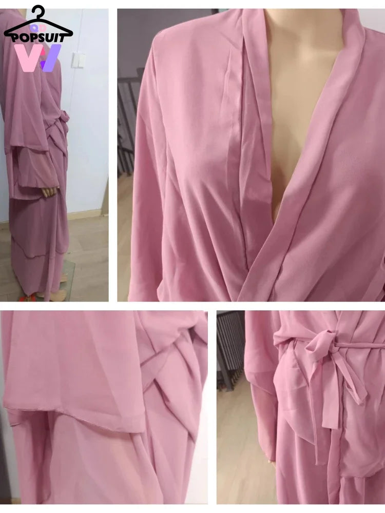 New In Women Abaya NO SCRARF(Encrypted Chiffon)Elegant Muslim Stitching Three Layer Abaya Ruffle Sleeves Cardigan Marocain Dress