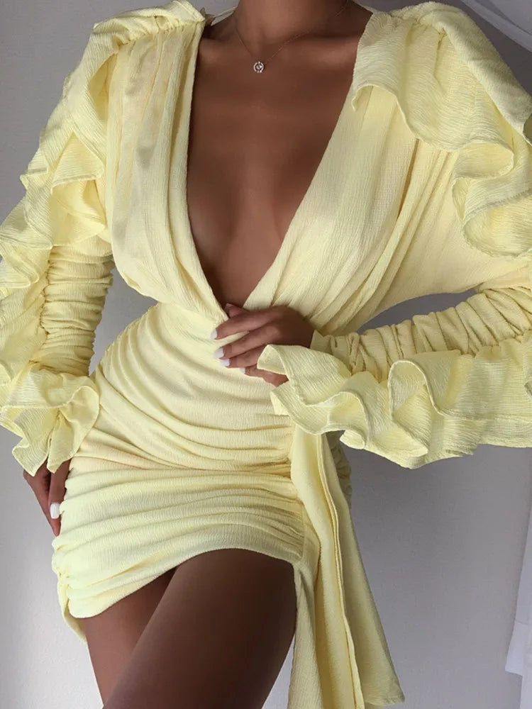 Yellow Green Women Butterfly Sleeve Sexy Deep V-Neck Bodycon Mini Dress Fashion Nightclub Party Dress
