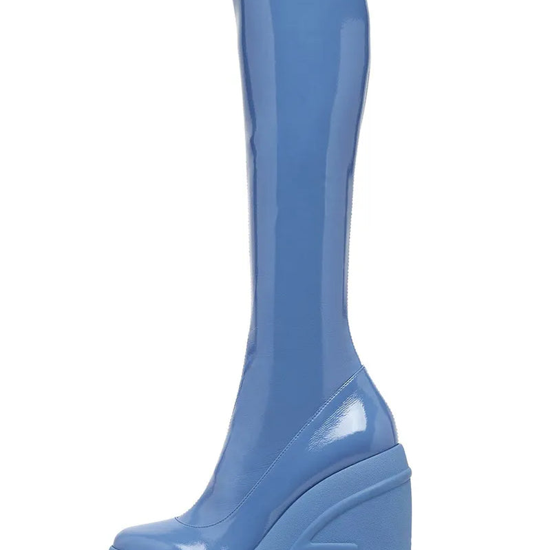 Spring New Slope Heel Thick Bottom Round Toe High Heel Boots Fashion Sexy Cross-border Women's Plus Size Knee-high Boots Blue