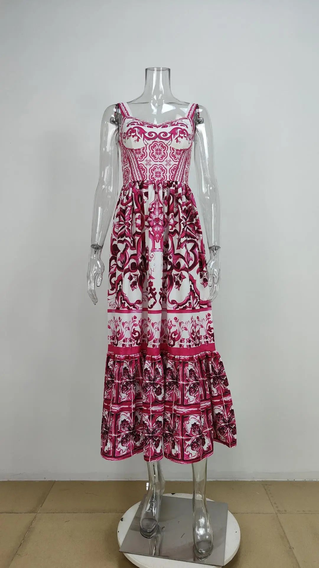 Runway Red White Porcelain Floral Print Long Maxi Beach Dresses Women Straps Sundress