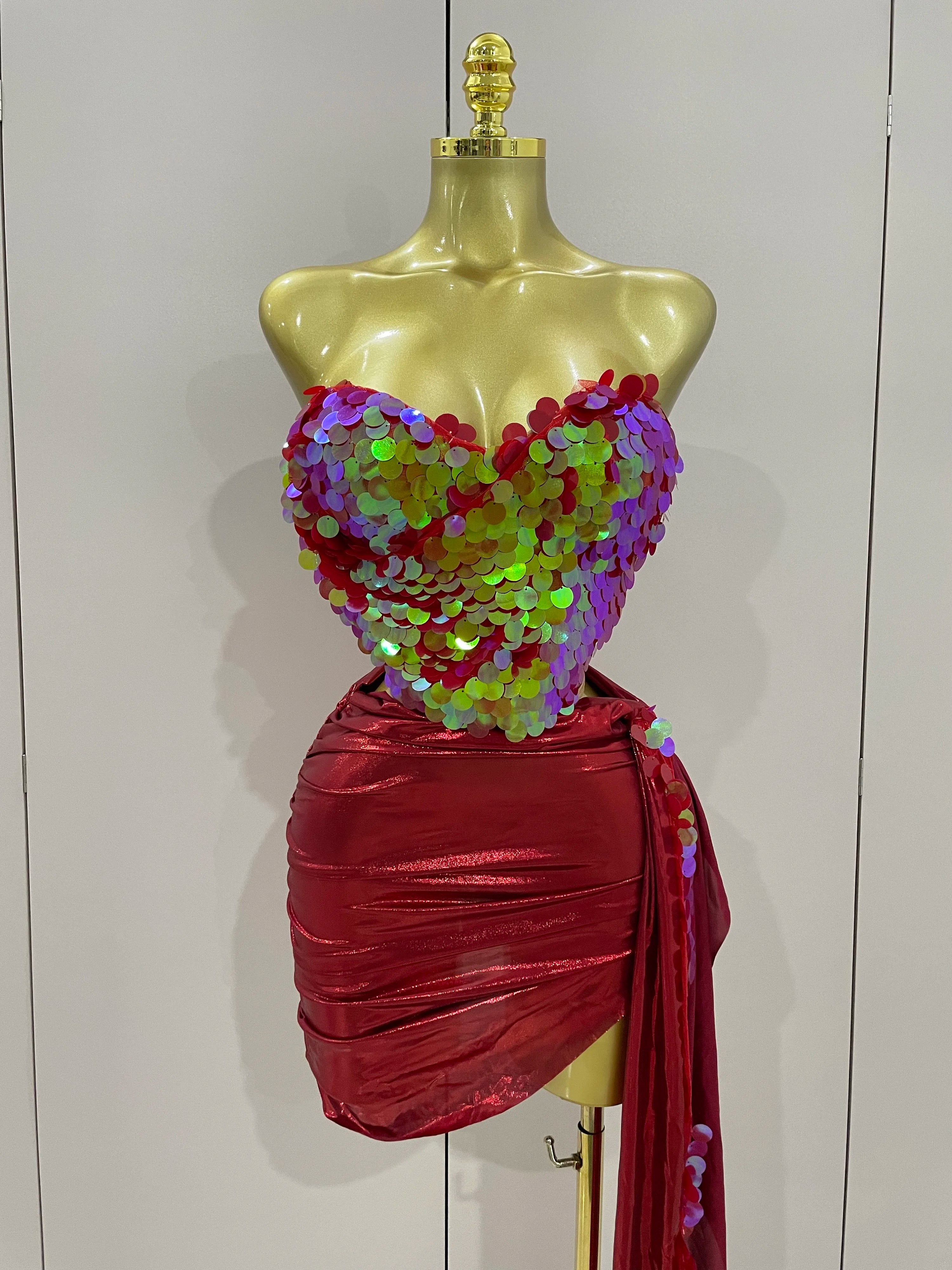 2025New Sexy Pink Sequin Strapless 2 Pieces Bodycon Mini Dress Women Celebrate Birthday Party Bar Singer Nightclub Stage Costume