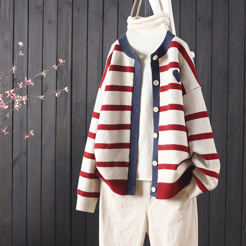 Autumn And Winter New Stripes Color Matching Button Round Neck Knitted Cardigan Women Long-sleeved Sweater All-match Red One Size