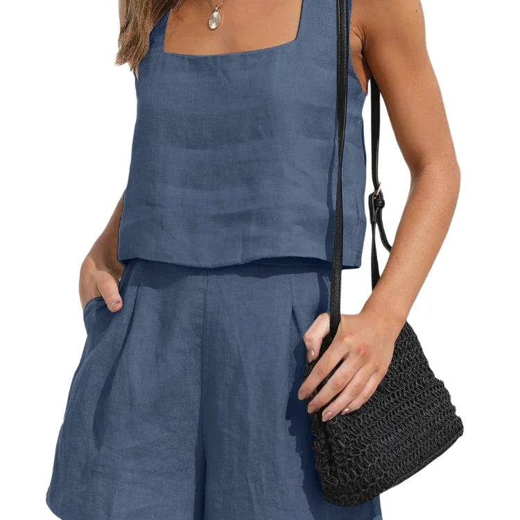 Short Suit Women 2 Pieces Set Vest Shorts Outfit Solid Color Sleeveless Spring Summer Pockets Casual Daily Linen Female Clothing