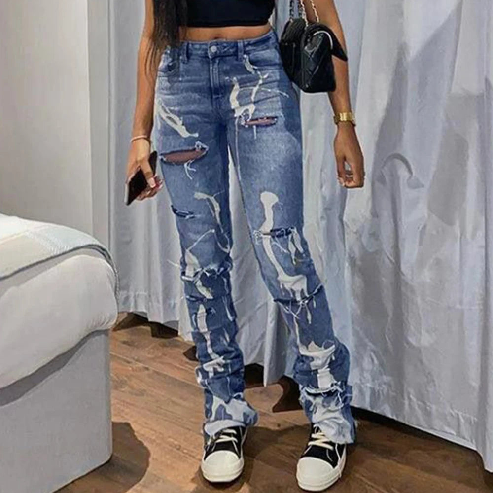 Y2K Retro Sifreyr Ripped Hole Jeans Women Fashion Print High Waist Skinny Stacked Denim Pants Grey Streetwear Elastic Trousers Blue