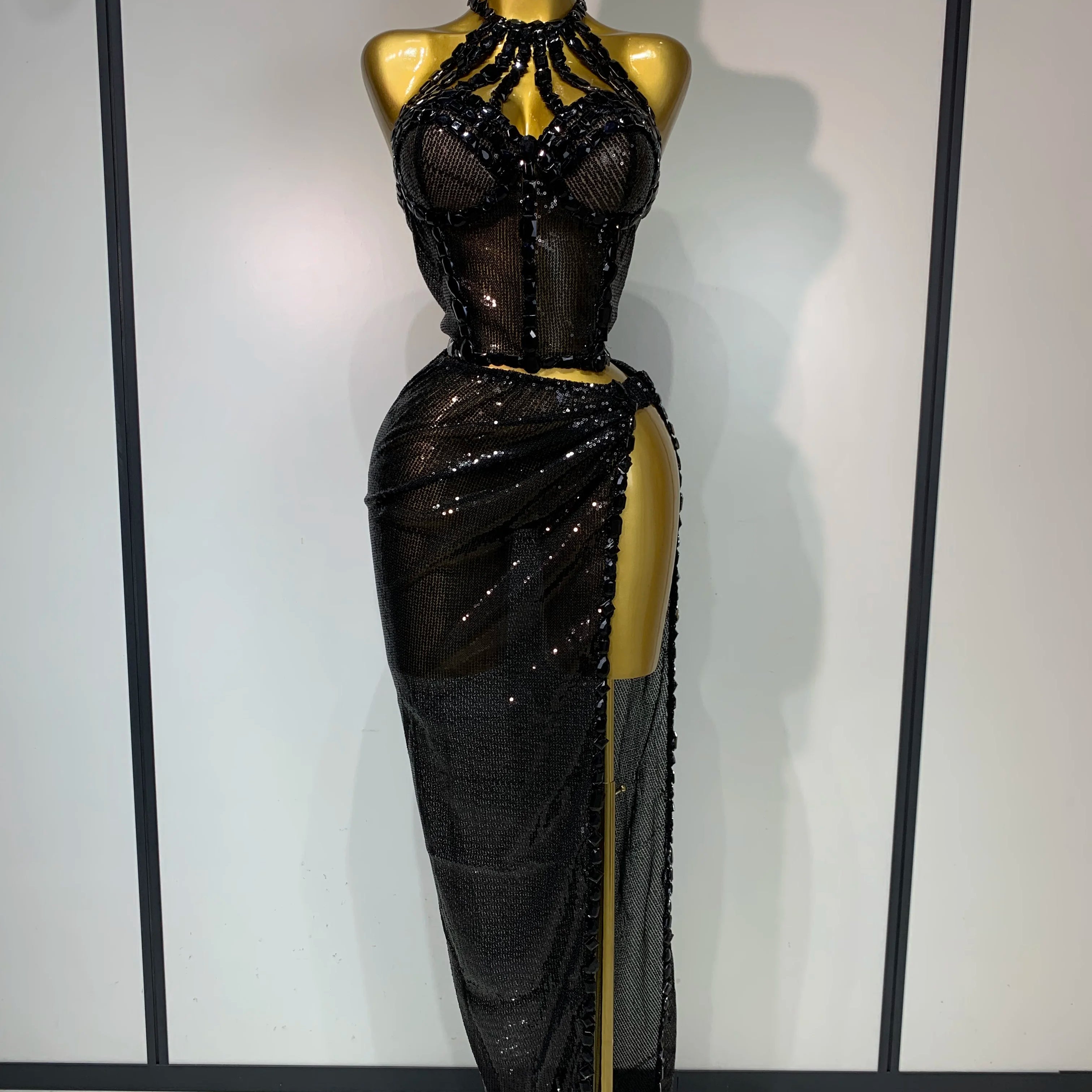 Ensemble deux pièces pour femme, haut et jupe longue à strass dorés scintillants, costume de danseuse, de chanteuse, de discothèque, robe d'anniversaire de luxe