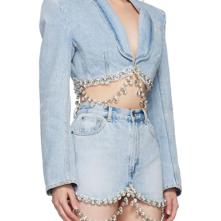 Spliced Diamonds Tassel Denim Two Piece Set For Women Lapel Long Sleeve Coat High Waist Mini Skirt Fashion Set
