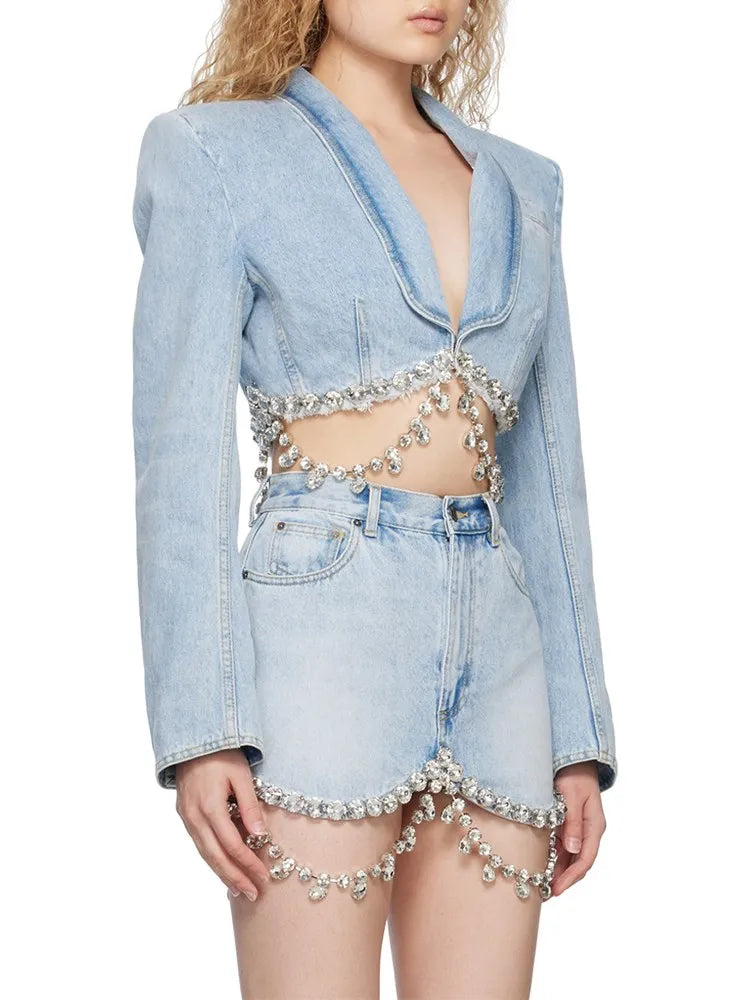 Spliced Diamonds Tassel Denim Two Piece Set For Women Lapel Long Sleeve Coat High Waist Mini Skirt Fashion Set