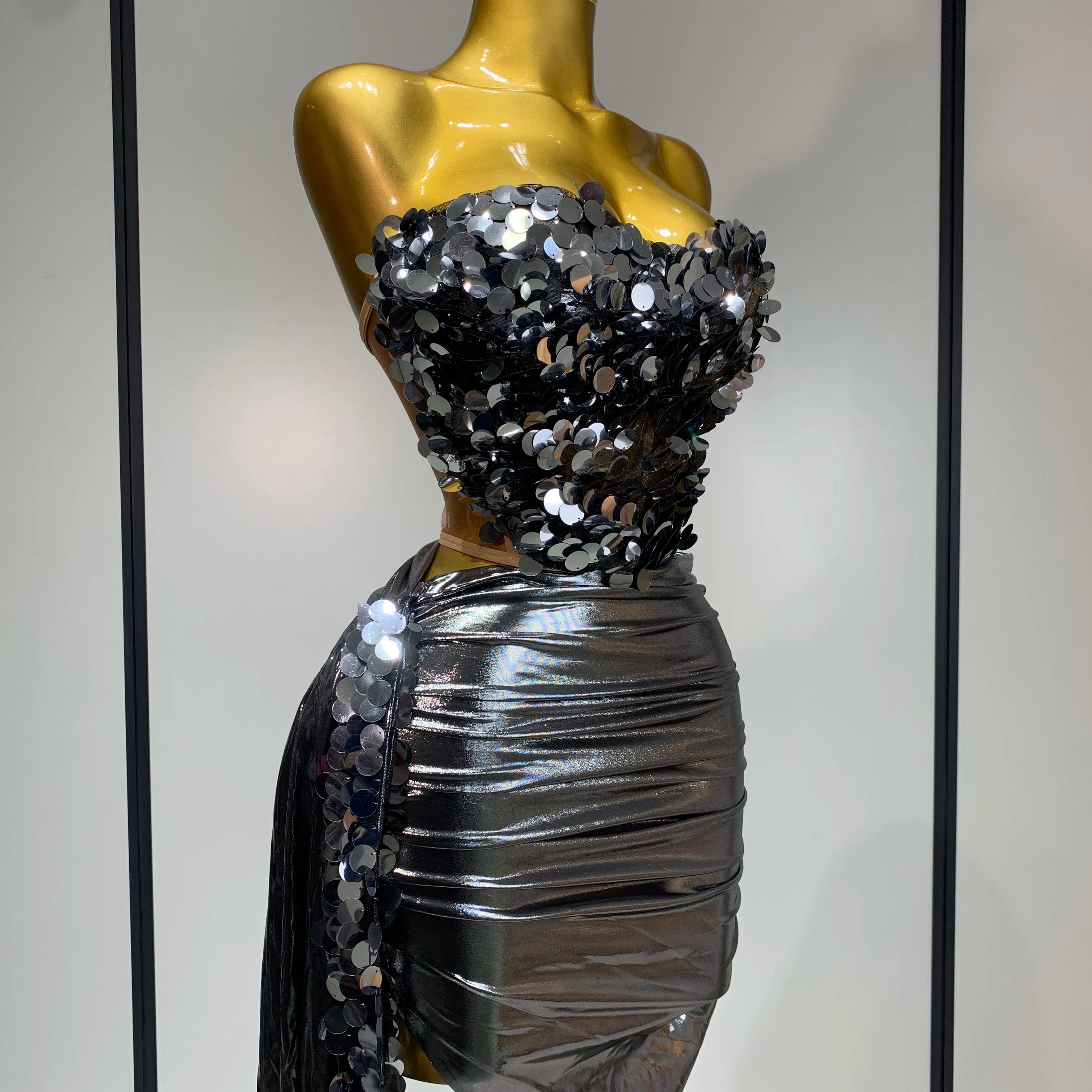 Sparkly Sequin Two Piece Set Sexy Strapless Backless Women's Outfit Evening Party Nightclub Stage Performance Dance Costume