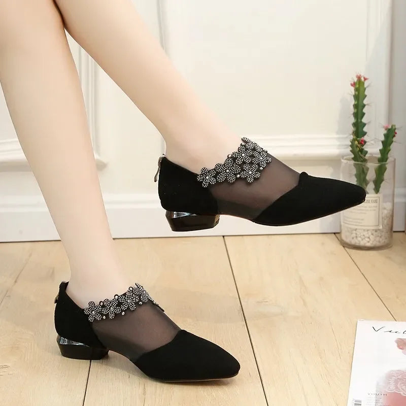 Women Fashion Black Lace Rhinestone Sandals Flowers Low Heel Sandals Mesh Plus Size Sandalias Mujer Casual Shoes