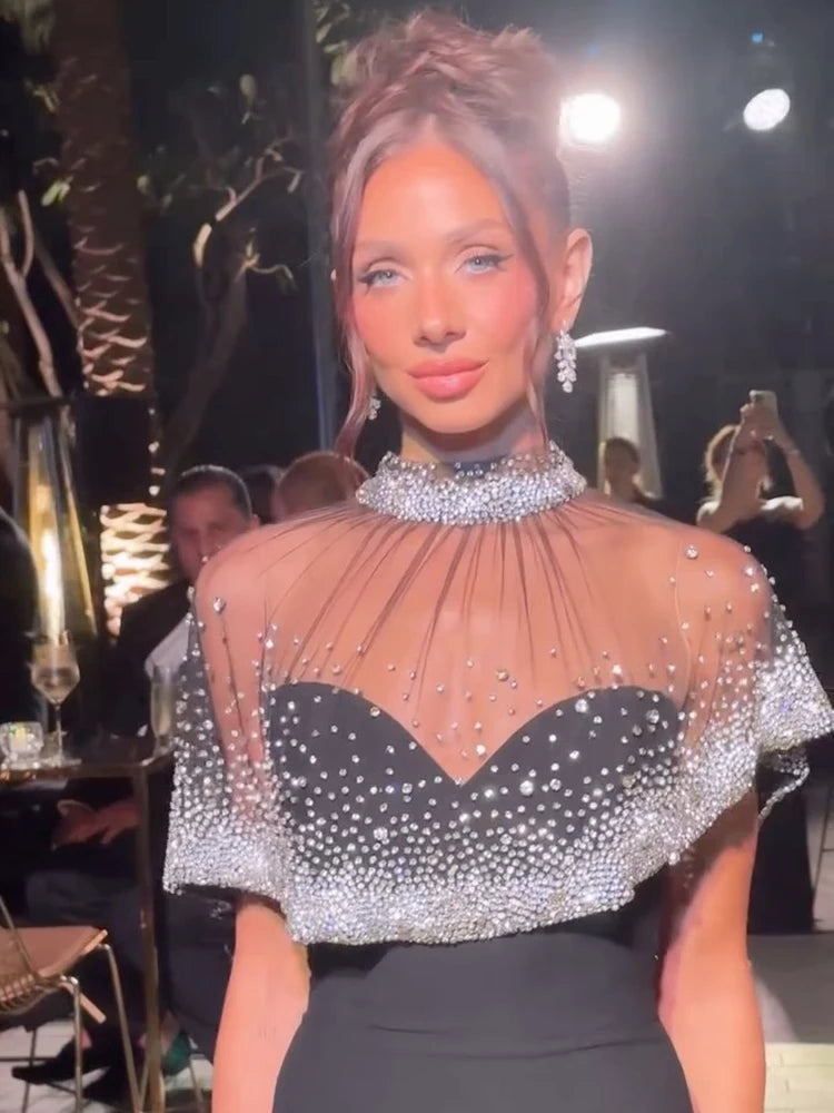 VC Luxury Sheer Beaded Mesh Cape Black Maxi Strapless Sleeveless Dress for Formal Events Gown