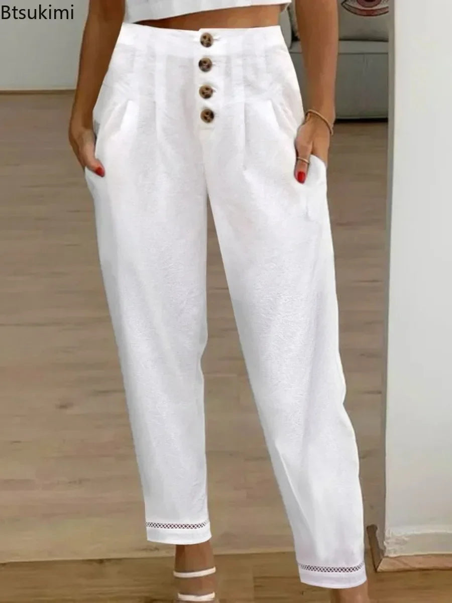 Women's Casual White Pants High Waist Button Slim Solid Pockets Pencil Pants Female Soft Breathable Women Trousers Joggers