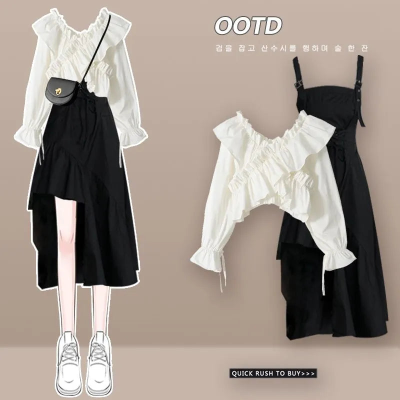 Women's Dress Set Spring Summer Fashion Bubble Sleeve Shirt+Suspended Skirt Two Piece Korean Elegant New Matching Set Set 03