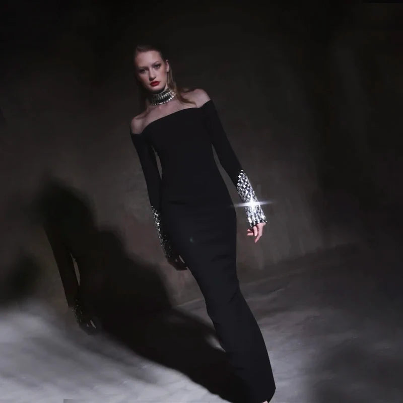 Fashion Sexy European And American Women Long Sleeve Black Sexy Round High Neck Color Long Sleeve Diamond Decoration Slim Dress