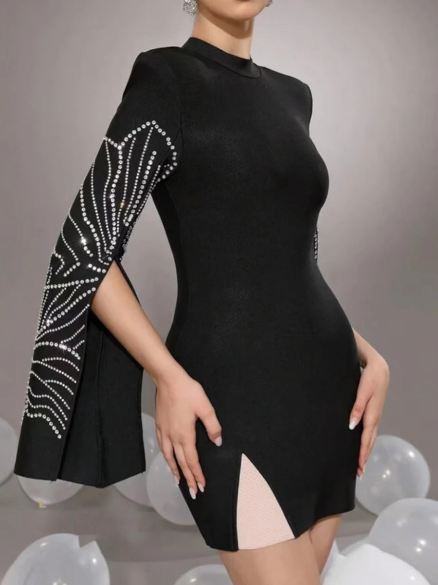 TWOTWINSTYLE Solid Slimming Temperament Dresses for Women Round Neck Long Sleeves Patchwork Diamonds Dress Female Clothing New