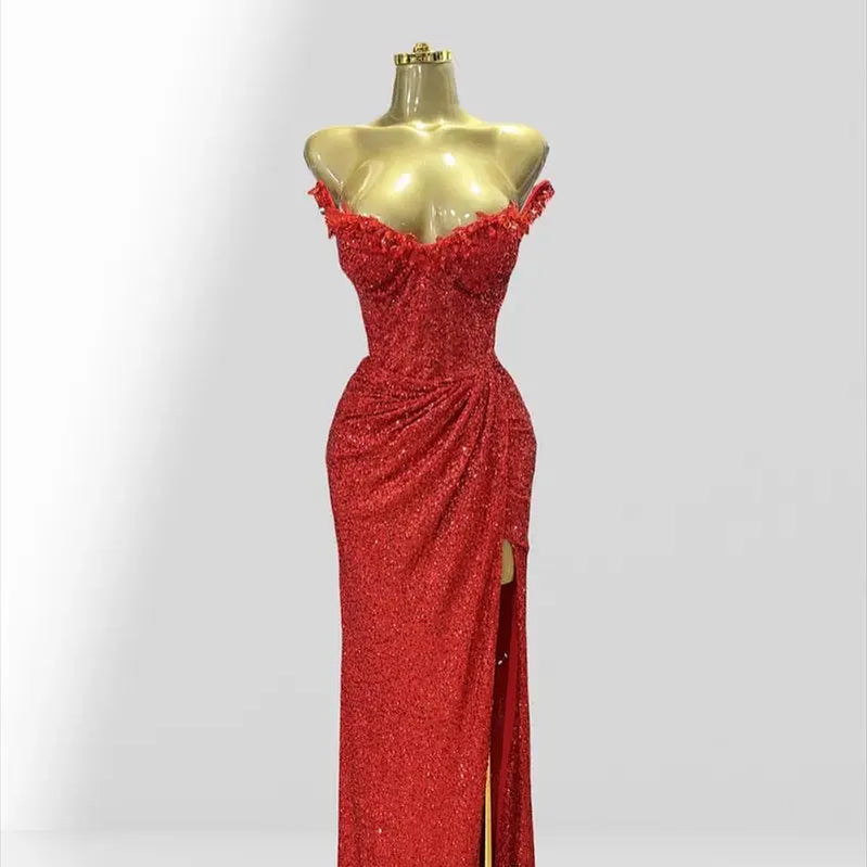 Haute Couture Red Sequins Sexy Off The Shoulder High Split Ankle Lenght Dress Woman Birthday Party Dress Celebrity Patry Outfit