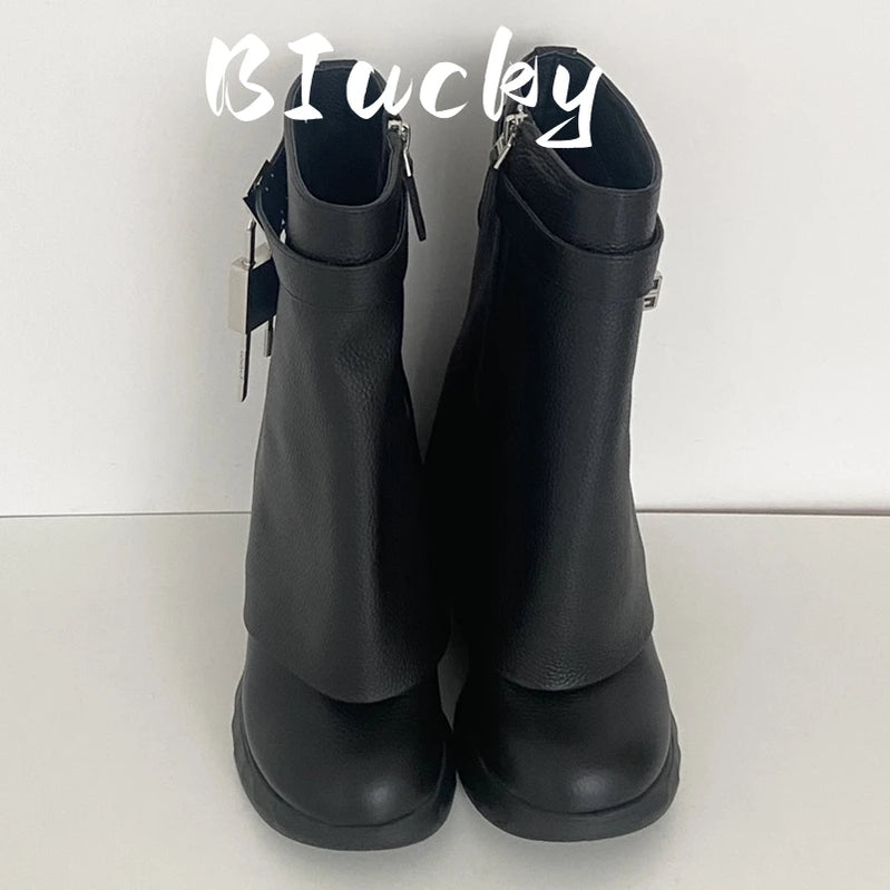 Winter New Women Mid-Calf Boots Woman Genuine Leather Wedge Platform Round 2023 Metal Decoration Boots