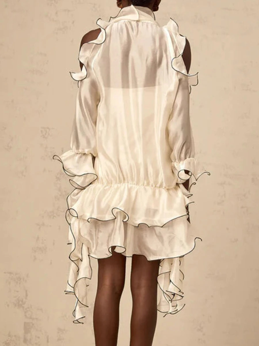 TWOTWINSTYLE Hit Color Spliced Fungus Folds Elegant Dresses for Women Round Neck Raglan Sleeves Patchwork Striped Dress Female