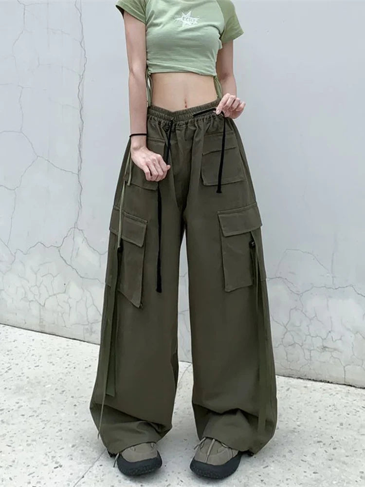 Zoki Pure Cotton Harajuku Cargo Pants Women Vintage Streetwear Oversize Bf Trousers Retro Pockets Casual Hip Hop Straight Pants army green