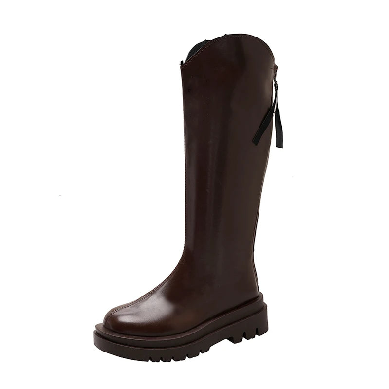 Winter British Round Toe Mid Heel Knight Boots PU Leather Breathable and Simple Versatile Coarse Heel Fashion Boots for Women Brown