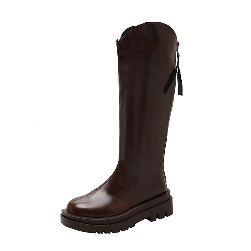 Winter British Round Toe Mid Heel Knight Boots PU Leather Breathable and Simple Versatile Coarse Heel Fashion Boots for Women Brown