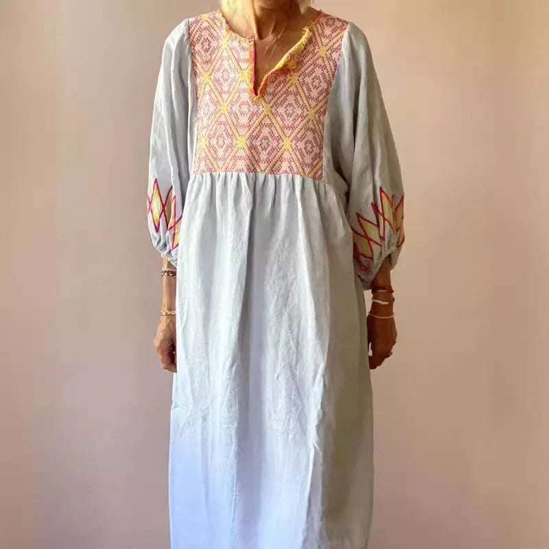 Womens Ethnic Retro Geometric Print Long Dress Spring 3/4 Lantern Sleeve A-Line Party Dress Summer V Neck Loose Beach Boho Dress