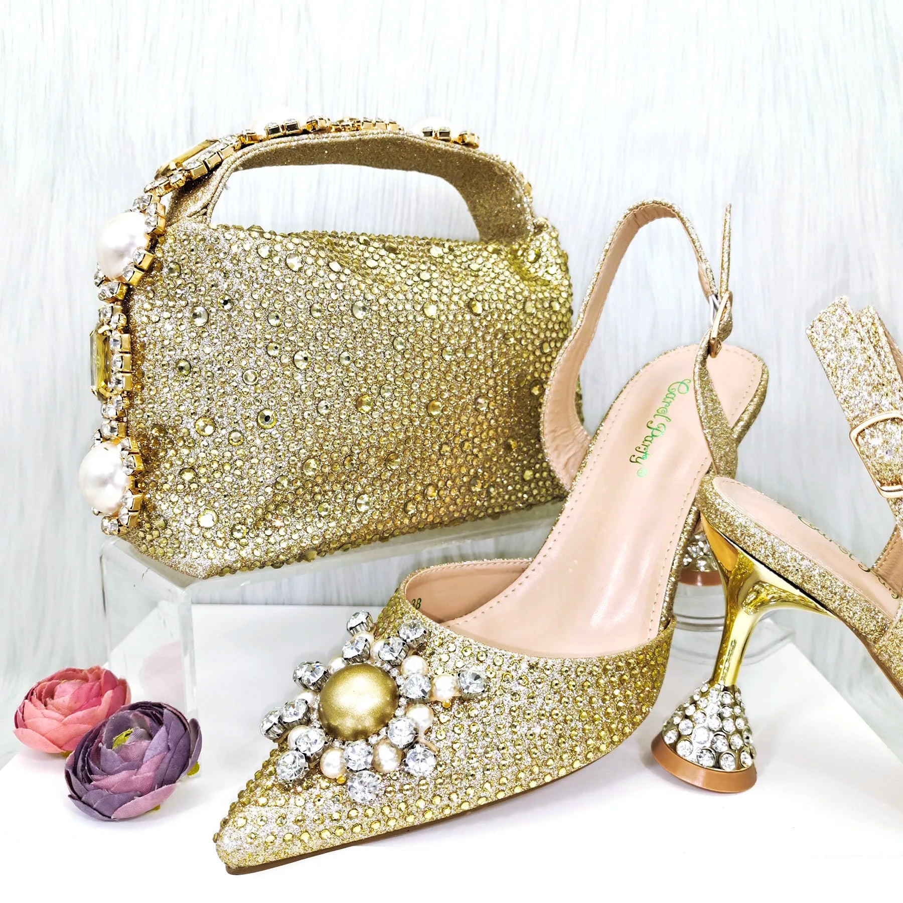 Gold Color Elegant Lady Shoes And Bag Set with Rhinestone Embellished Pearls-knot Wear-resistant And Comfortable Heel Gold