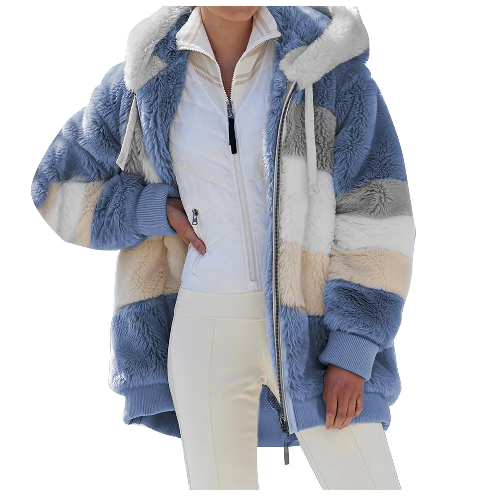 Autumn/Winter Warm Plush Panel Zip Pocket Hooded Loose Coat Women Blue