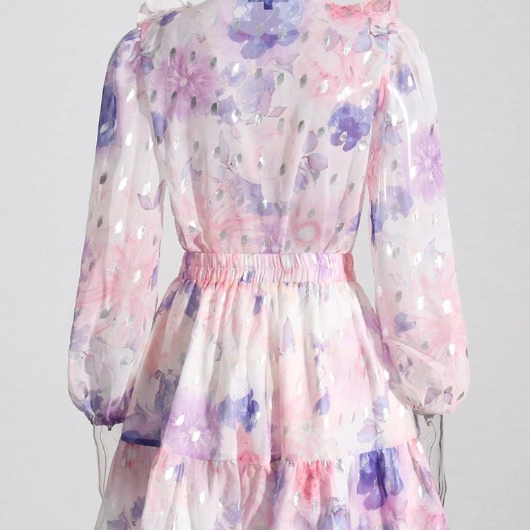 Conjunto colorido de duas peças para mulheres, gola redonda, manga comprida, top, cintura alta, mini saias, conjunto de malha para o verão, roupas femininas 2024