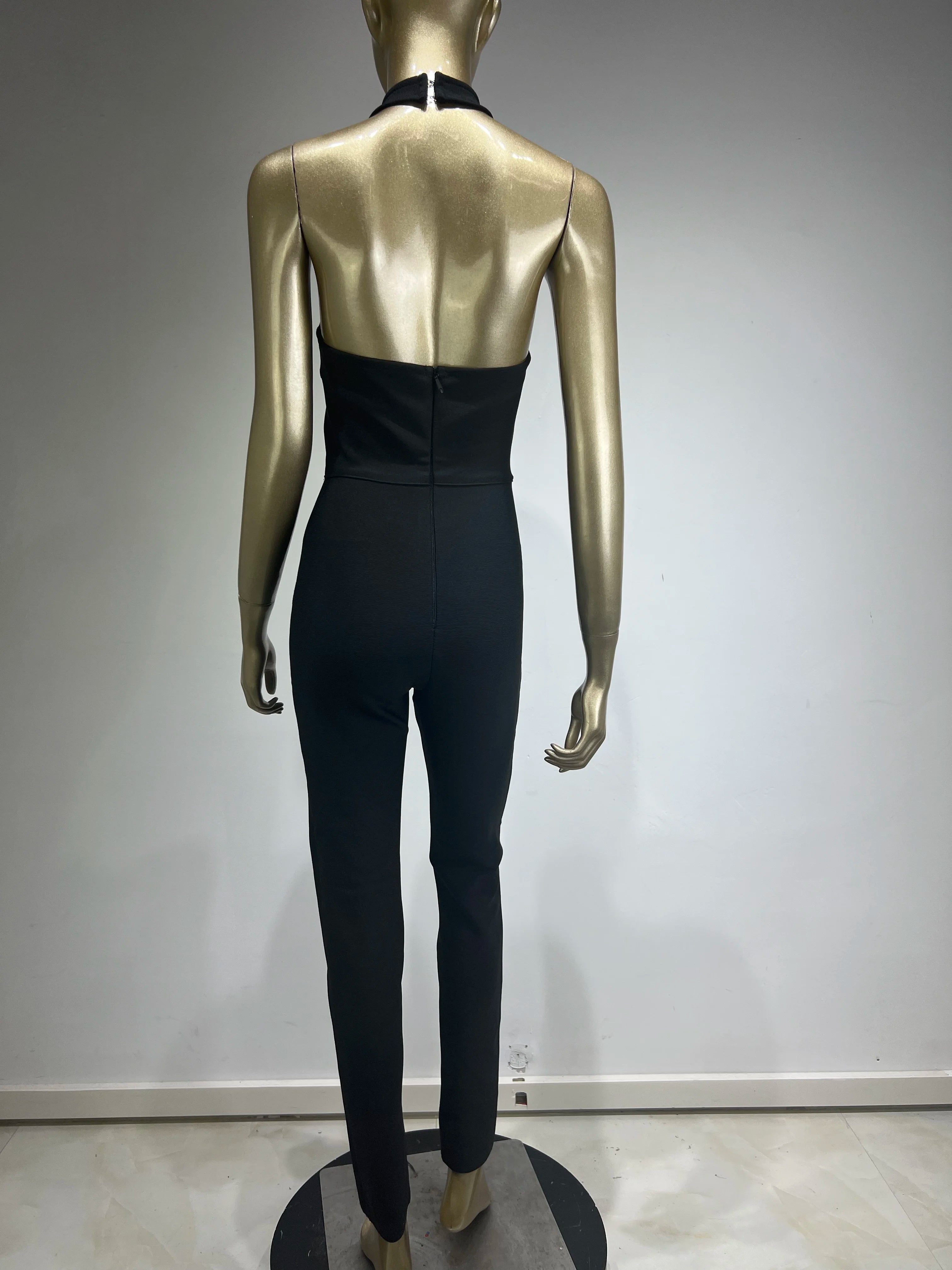 Women Luxury Sexy Sleeveless Mesh Diamonds Flower Black Bodycon Bandage Jumpsuit 2024 Celebrity Designer High Street Rompers