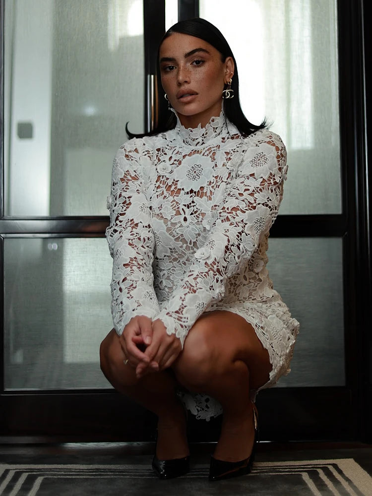VC White Turtleneck Lace Floral Mini Dress For Women Long Sleeves Slim Bodycon Elegant Evening Party Cocktail Wear