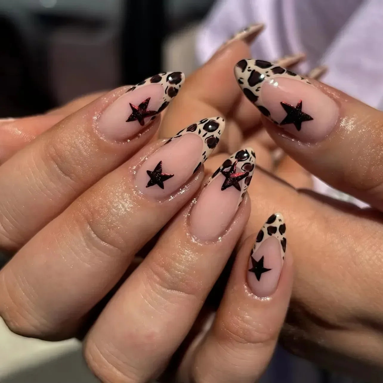 Cherry Leopard Print Almond Fake Nails Art Ballet Pointed False Nails Charms Flower Star Love Heart Press on Nails Manicure Tool
