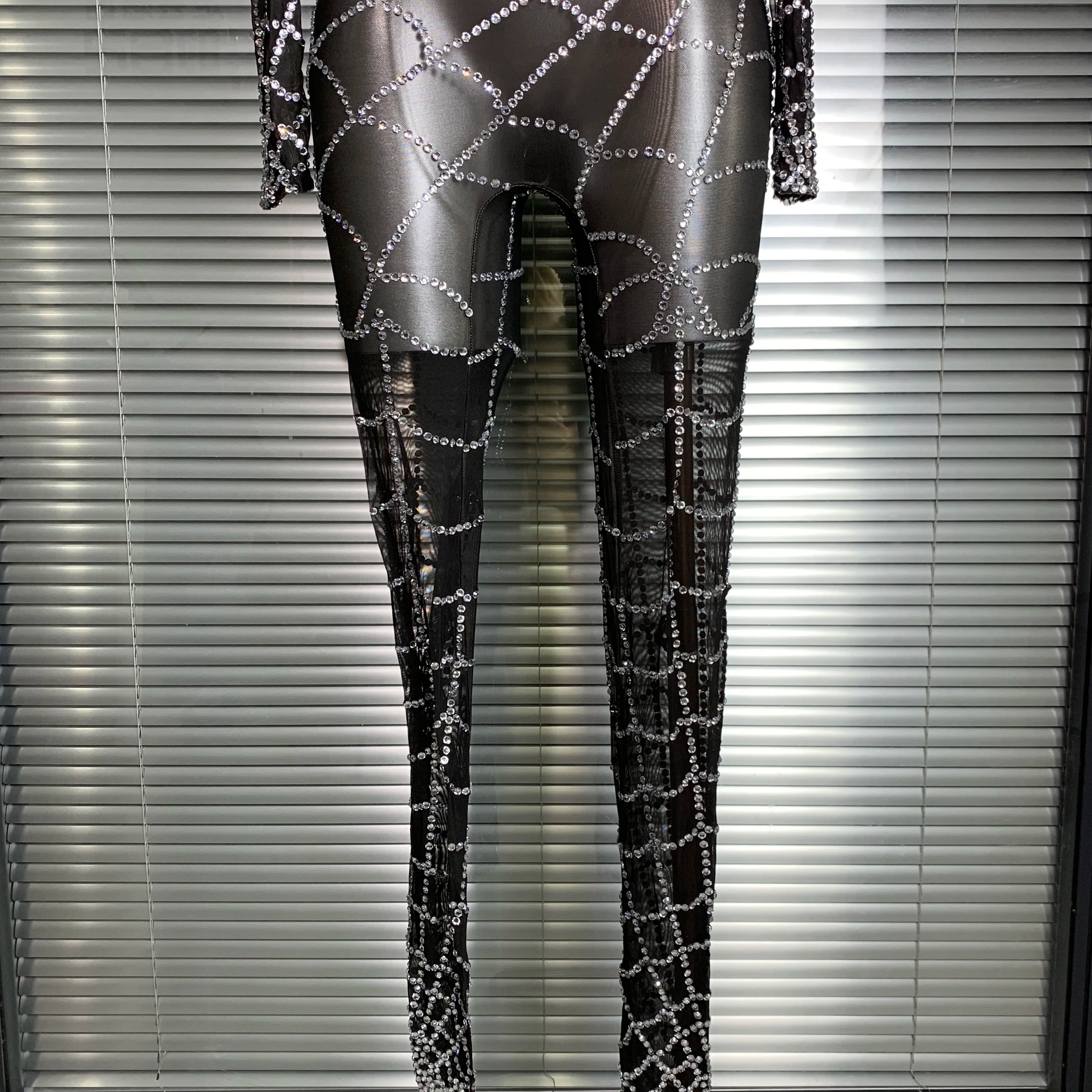Summer New 2025 Women Sexy Crystal Sheer Black Long Sleeve Bodycon Jumpsuit Celebrity Designer Dancer Night Club Rompers