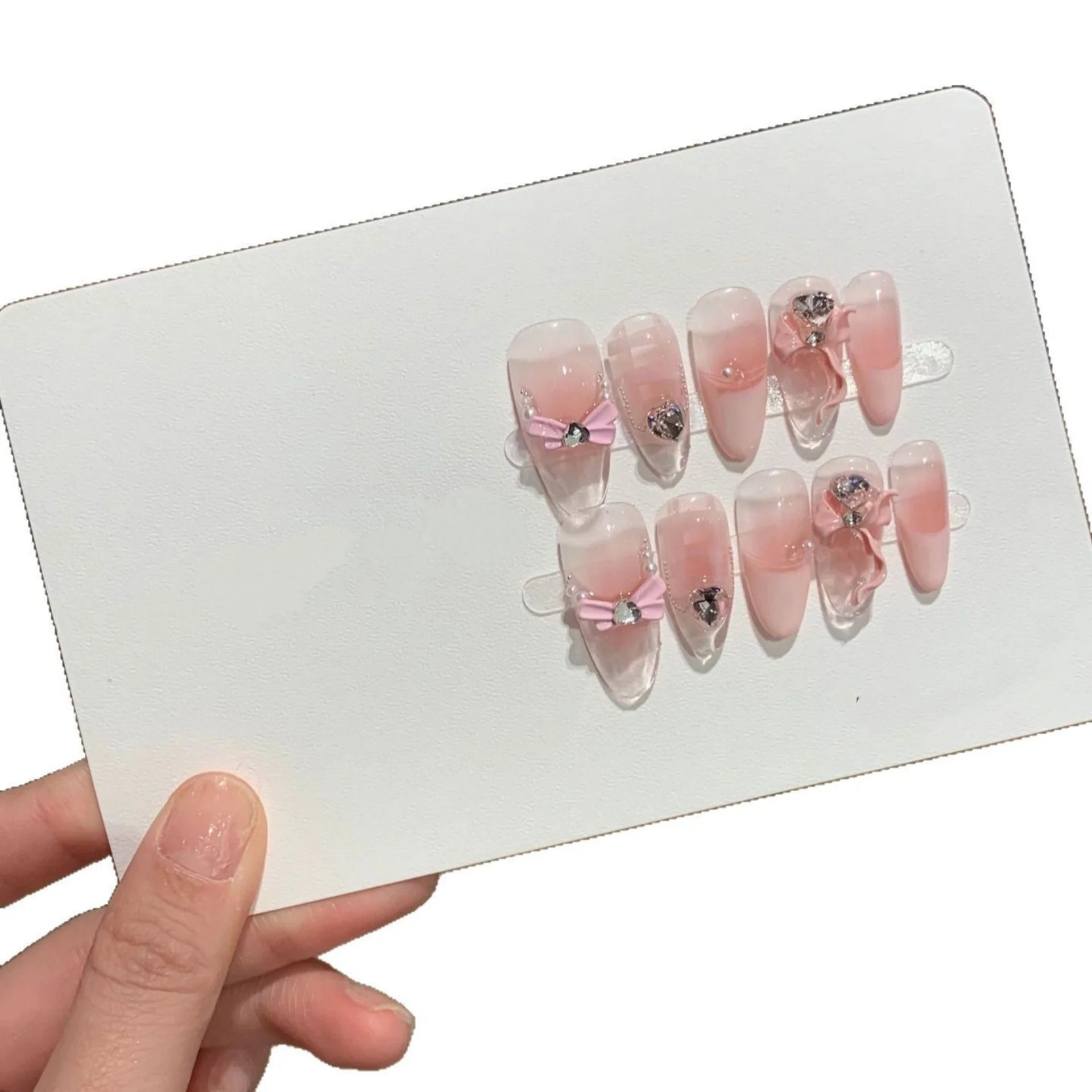 10pcs Bow Design False Nails Sets Wearable Cute Pink Mid-length Oval Handmade Press on Nails Tip with Diamond Press on Nails Art