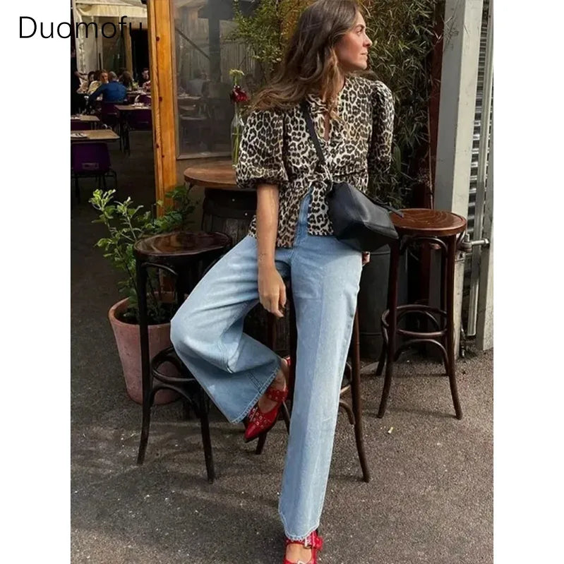 Duomofu Leopard Bow Lace Up Women Shirts Blouses Loose Y2K Puff Sleeve Pleat Shirt Top Summer New Cropped Lady Streetwear
