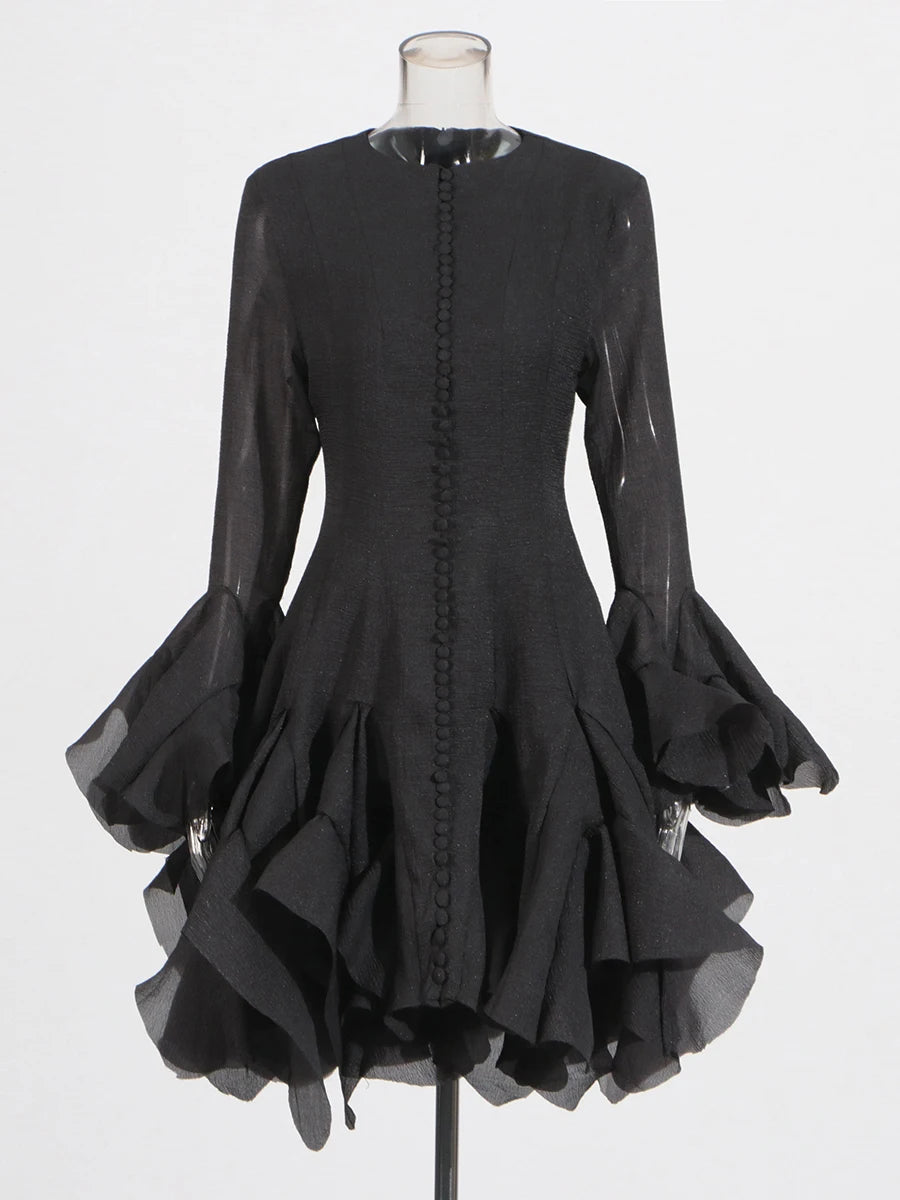 TWOTWINSTYLE Solid Spliced Button Slimming Dresses For Women O Neck Long Sleeve High Waist Patchwork Ruffles Female Fashion